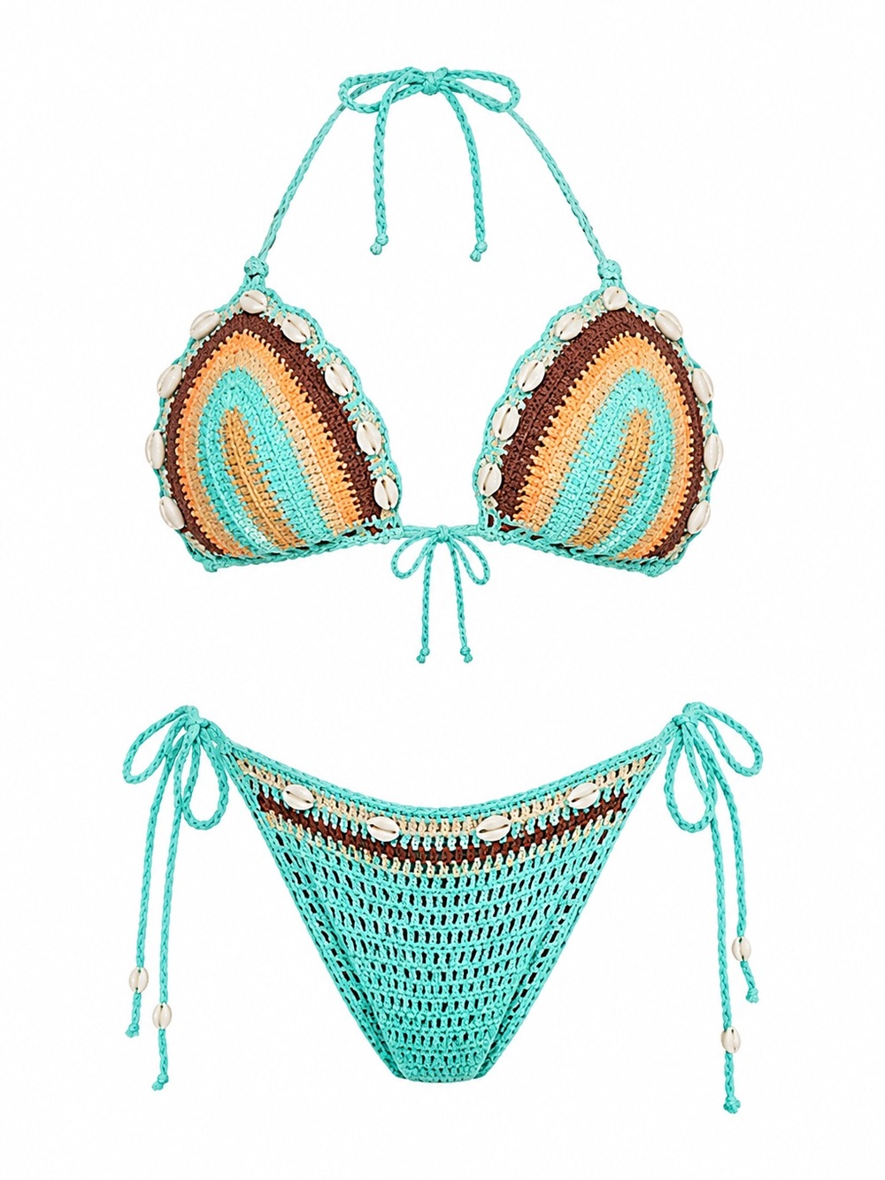 Fashion Nova Crochet Shell Tie Bikini in Aqua, Peach, Brown